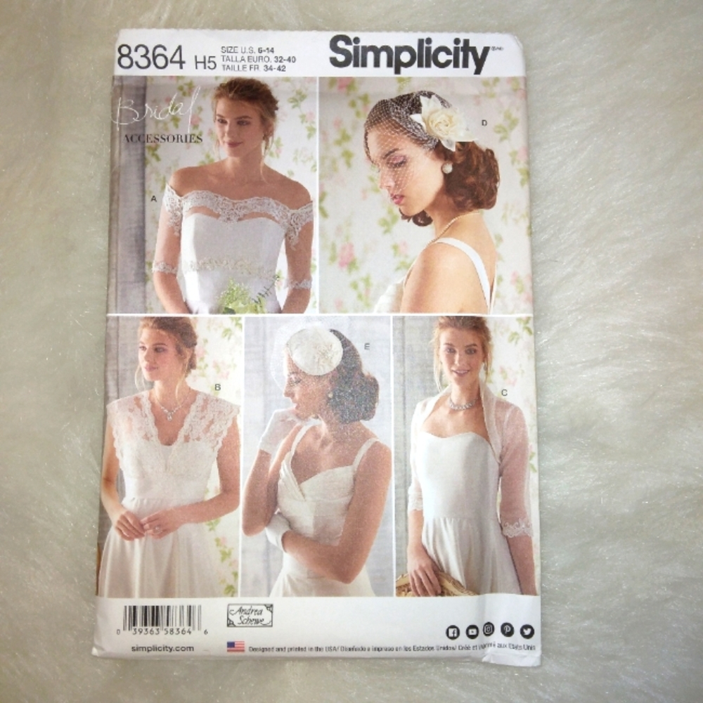 SIMPLICITY 8364 Bridal Accessories Coverups in 3 styles facinator hat wedding